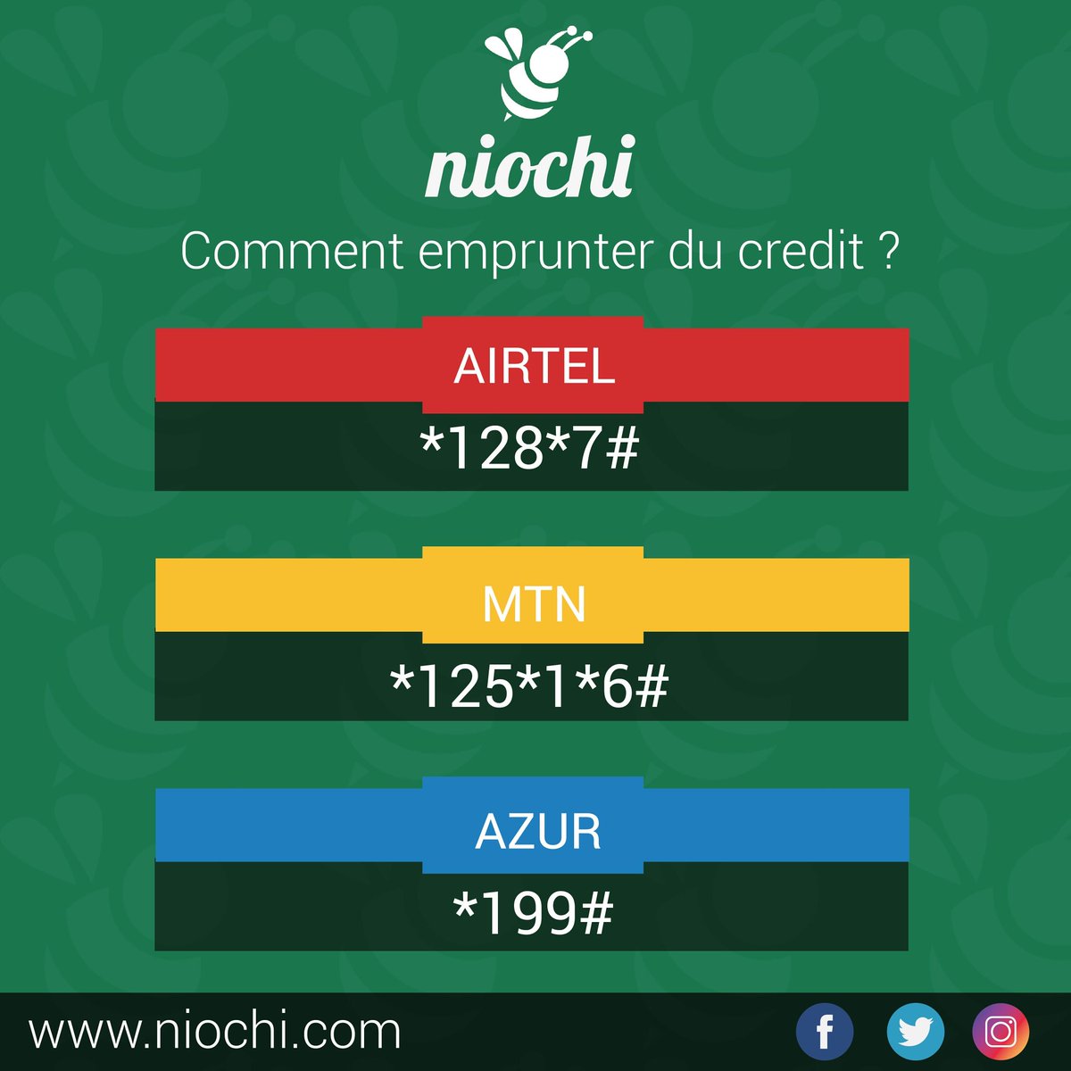 niochiapp's tweet photo. #niochi : vous avez une puce @airtel_congob @MTN_123 ou #AzurCongo et voulez emprunter du crédit.

#team242 #JCertifPointeNoire2018 #osiane #osiane2018 #ChezMoiAuCongo #YelloStartup #mediathonbrazza #fongwama # https://t.co/2YV4ILIrQp