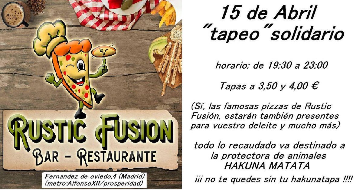 RabbitRescueS's tweet photo. Retweeted Madrid Vegano (@madrid_vegano):
📣 ESTA TARDE-NOCHE ➡ tapeo a favor de @hakunamatatafa1 en #RusticFusion ℹ https://t.co/leAaFbqNlb #Madrid #Vegan #Solidaridad #AgendaMV 🐾 💚 🍕 https://t.co/Eg7ieaoxz2 https://t.co/leAaFbqNlb