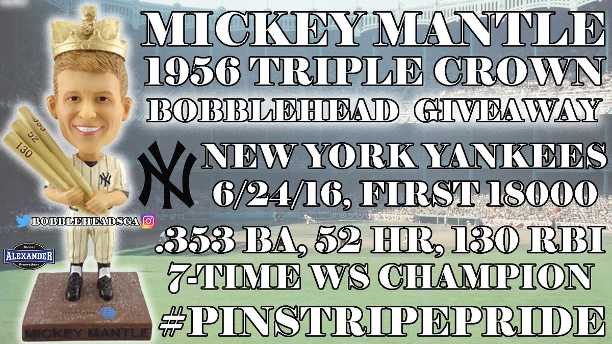 BobbleheadSGA's tweet photo. Generational Baseball Icon New York #Yankees Legend Mickey Mantle #Bobblehead commemorates 1956 Triple Crown .353, 52HR, 130RBI

First 18000 Fans 6/24/16 received #TheMick #CommerceComet #PinstripePride #BronxBombers #DamnYankees #EvilEmpire https://t.co/w5fCFKvUDF