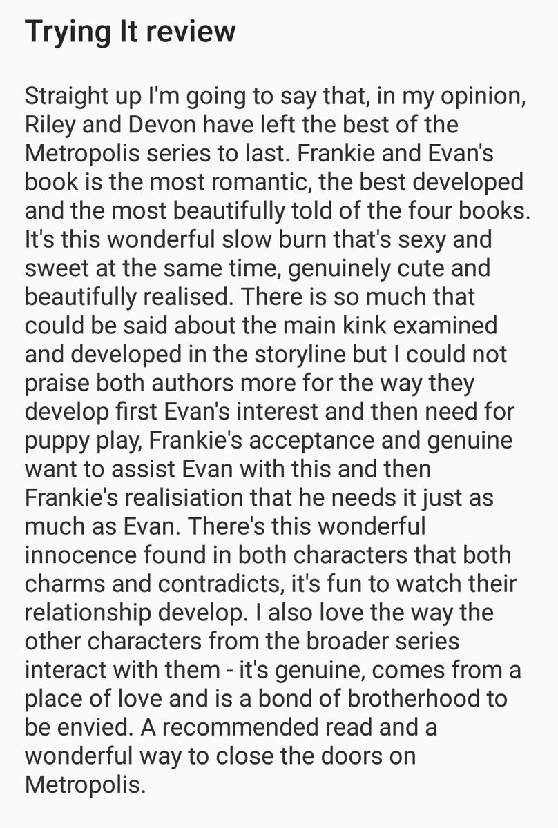 MiaReadsBooks's tweet photo. #haveread #ARCread 'Trying It' by @RileyHart5 & @devon_mccormack I'm saying it now Riley & Devon have left the best of the Metropolis series to last. I loved the hell out Frankie & Evan - they're adorably delicious together 💙🐶👬💙
Pic of my intended GR/Zon review attached https://t.co/KvRChs3VT1