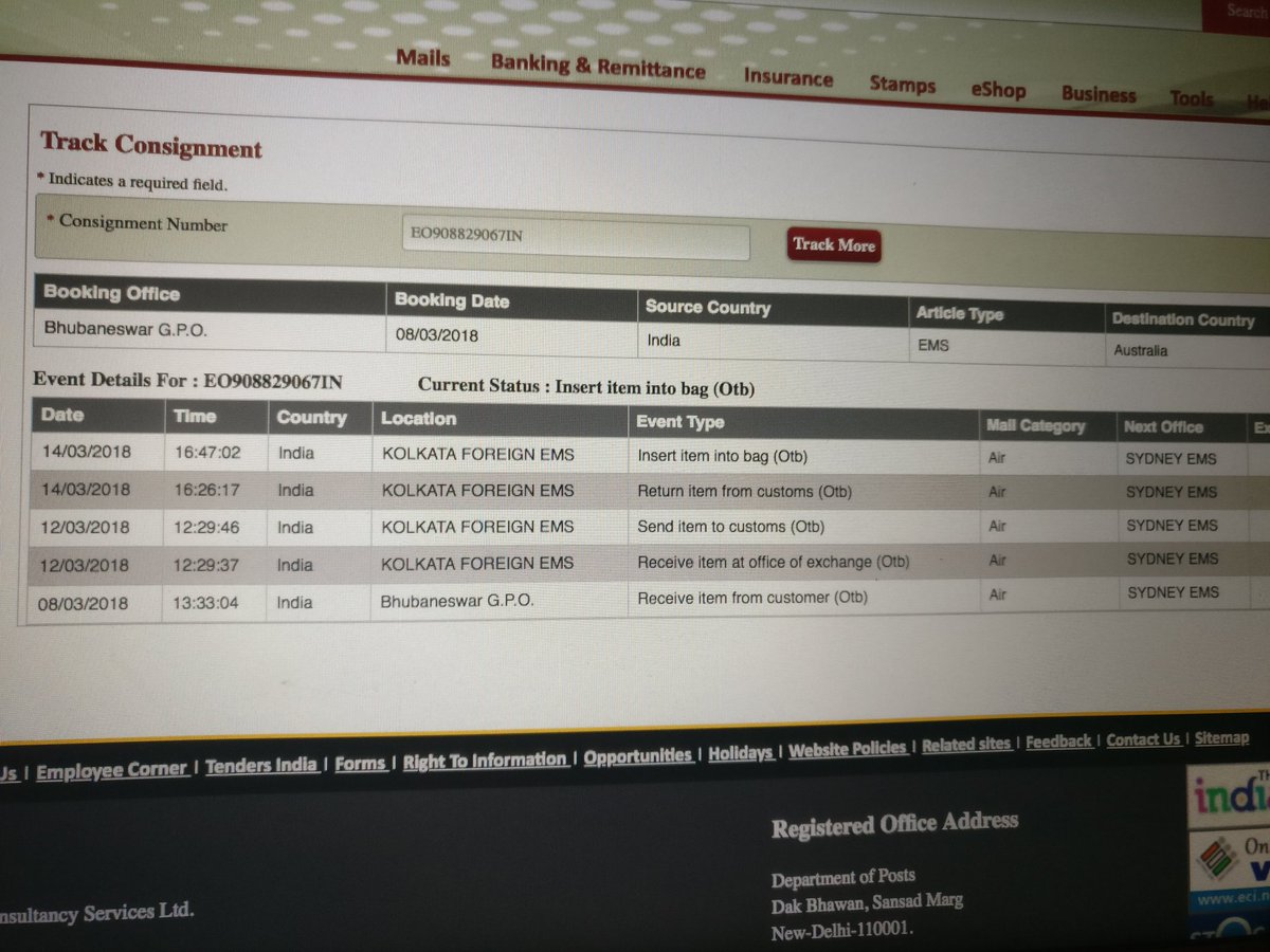 Swagatikaa's tweet photo. Sent out a parcel since march to Melbourne and no update on delivery. No helpline nos are working. Please update with the status @IndiaPostOffice @manojsinhabjp Tracking#EO908829067IN Complaint#10008200675 This kind of service puts a doubt on the credibility of govt offices https://t.co/izEMND3U6k
