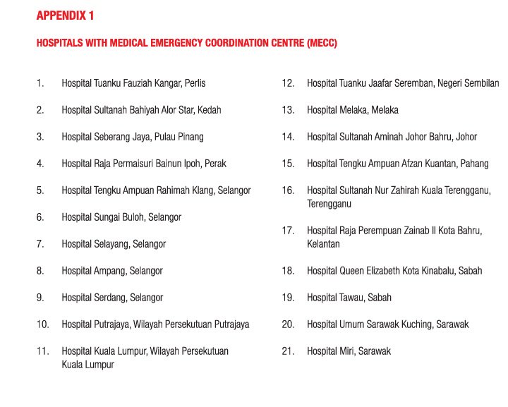 There are 26 MECCs throughout the country. This picture is from 2012. It's from the Emergency Medical & Trauma Services (EMTS) guideline book, downloadable online. Listed are 21 MECCs. 5 more have been added since. (I'm not sure exactly what are those 5)