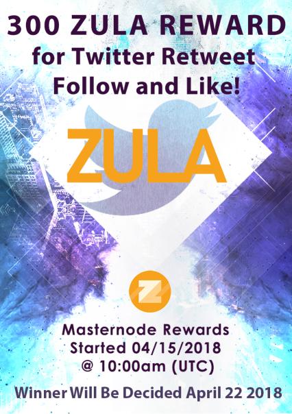 🎁GIVEAWAY
💰 300 ZULA coins 

- Retweet, Follow and Like 👍
#Zulacoin #Masternodes #Giveaway