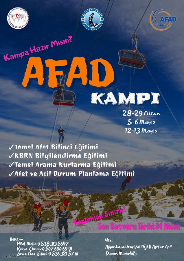 3 hafta sürecek olan AFAD kampımız için kontenjanlarımız hızla doluyor.Kamp sonunda AFAD tarafından sertifika verilecektir.Kayit yaptırmak için iletişim bilgileri afişimizin altında yer almaktadir
