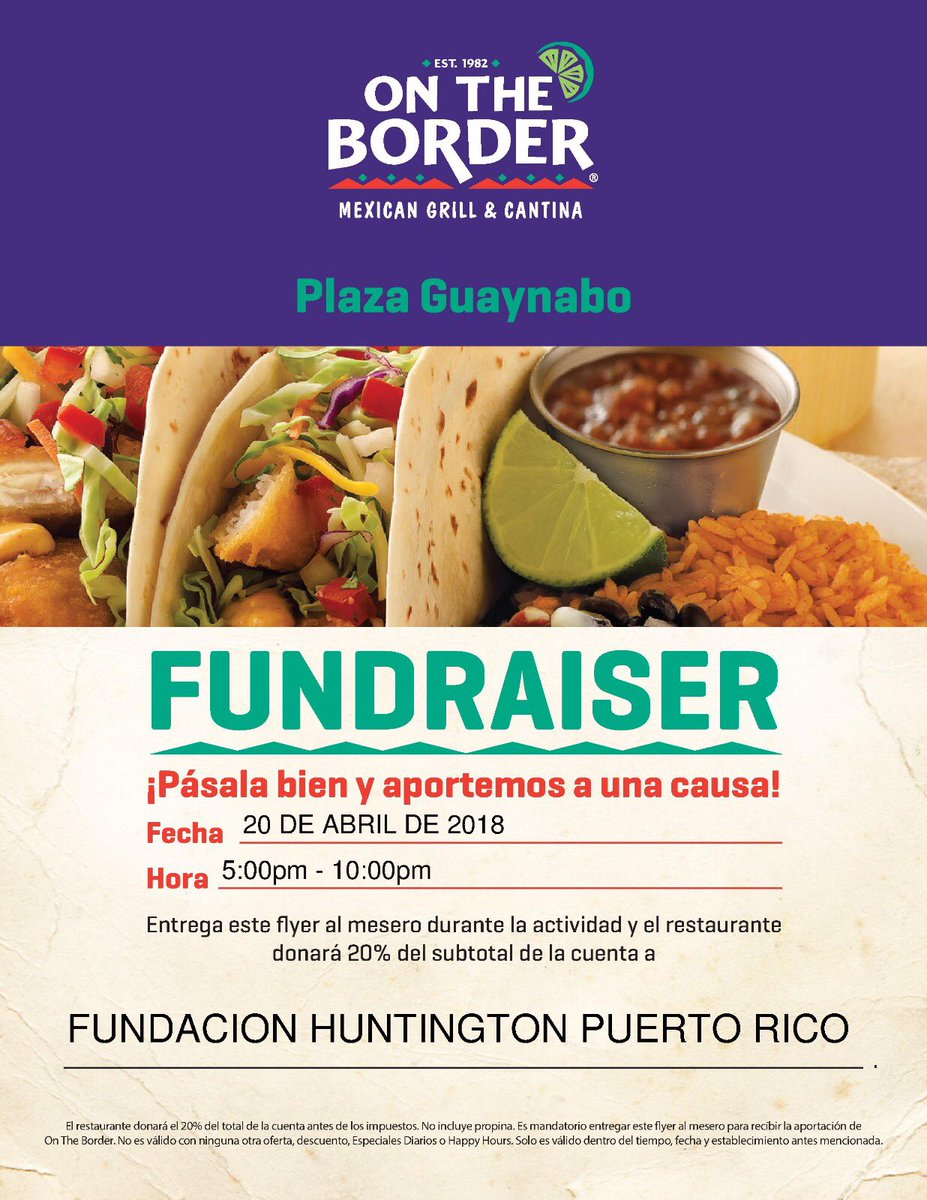 HDPuertoRico's tweet photo. Te esperamos este viernes de 5:00-10:00pm en On the Border de Plaza Guaynabo. Recuerda presentar el flyer impreso al momento de pagar. ¡Juntos somos más! #FHPR #Share #HD #Fundraiser https://t.co/lyU6Pbcd98