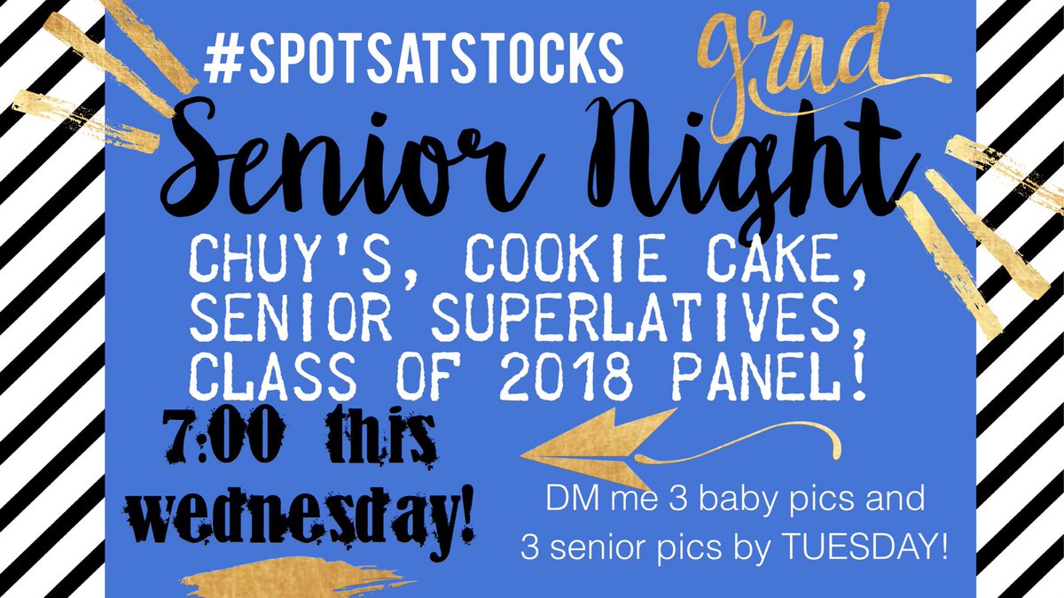 carriejstock's tweet photo. SENIOR NIGHT IS THIS WEDS! Seniors, DM me your baby pics and grad pics by Tuesday!!! Pass this along to all of our seniors! @laurenlmerrill @peytonkrupa @Juliajangg_ @amy_e_atwood @madison_greenn @nbatawala @D_Rosey44 @alanhuntoldmtb @BetrusMichael https://t.co/5HzPF5UzlX