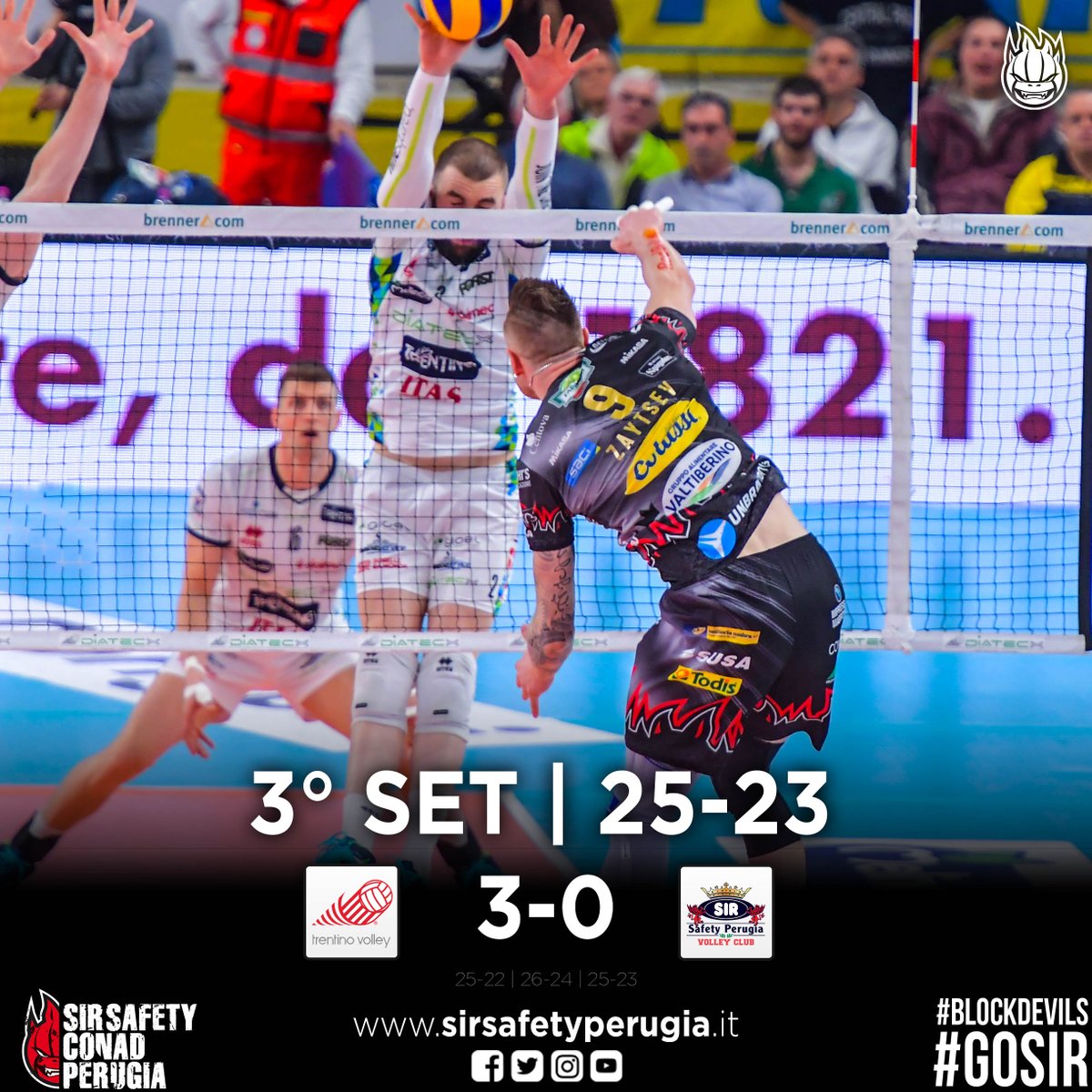 SIRVolleyPG's tweet image. Netta vittoria di Trento che fa suo anche il terzo set per 25-23 e rimanda il tutto a gara 5 della prossima settimana. #3SET #TrentoPerugia #ChePlayoff #Superlega #GoSir #BlockDevils #RCD #ORAéADESSO