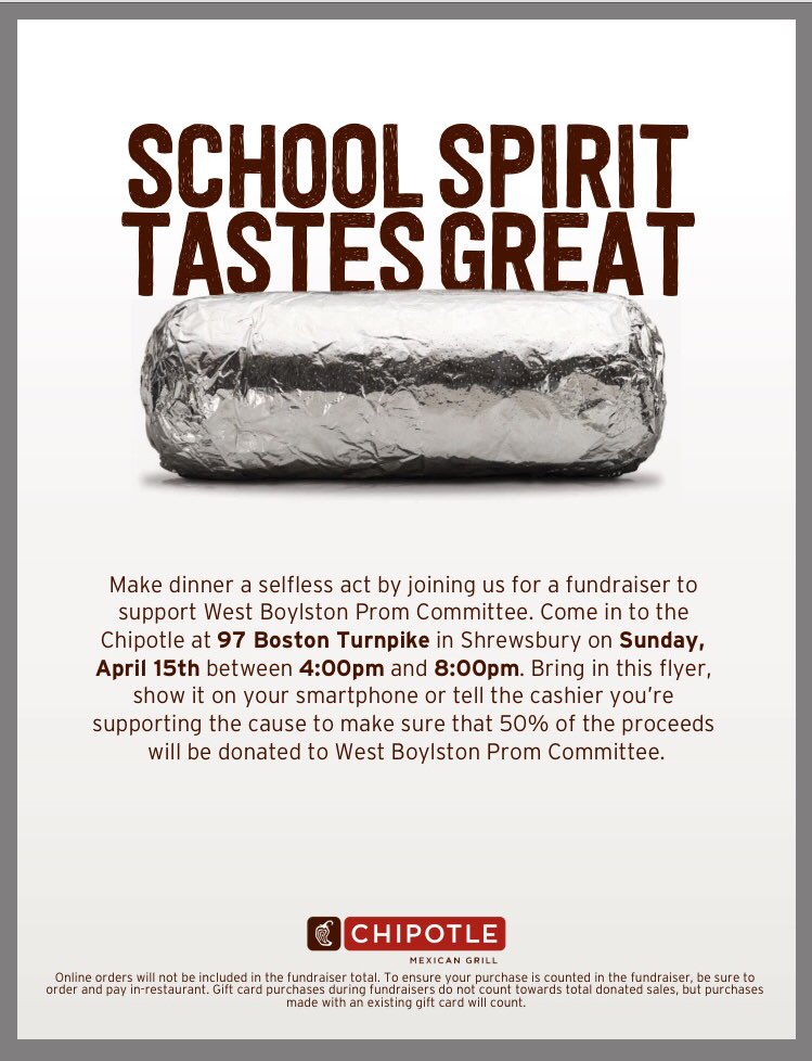 weboclass2019's tweet photo. come to Chipotle in Shrewsbury TONIGHT from 4 - 8 pm!!!! YOU MUST show the flyer below so that the proceeds will go to LOWER PROM TICKETS!! 🌯 https://t.co/tKw1tpyR19