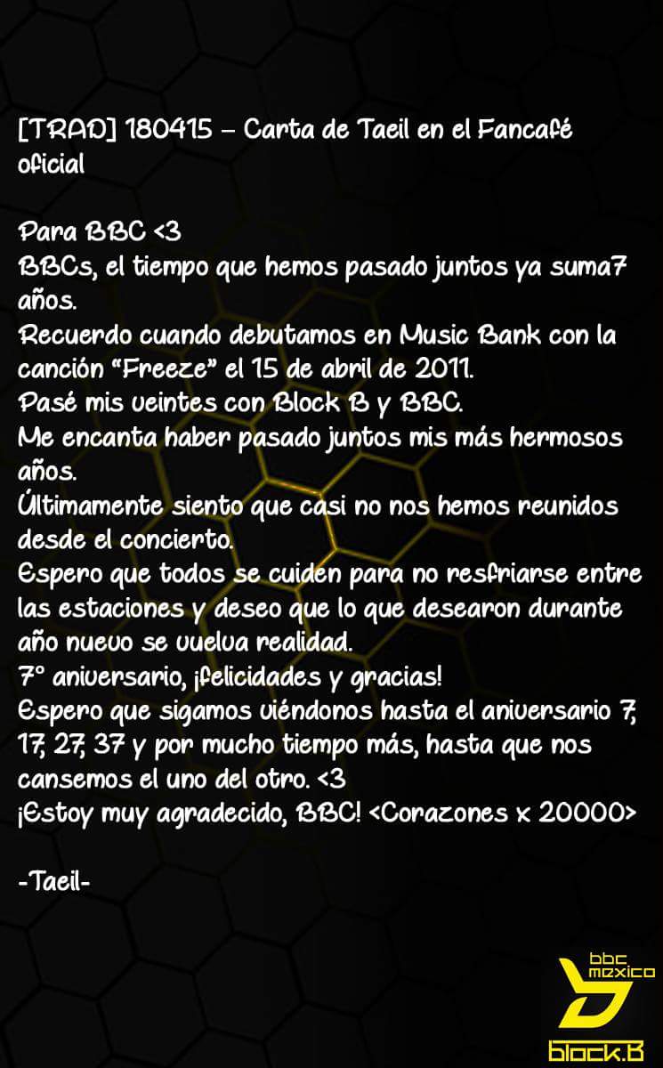 MXICOBBC's tweet photo. [TRAD] 180415 – Carta de Taeil en el Fancafé oficial
#7YearsOnTheBlock #7YearsWithBlockB
Trad: BEE SUBS
Trad. español: Mornie @ BBC México - Block B https://t.co/vk5crnVeKF