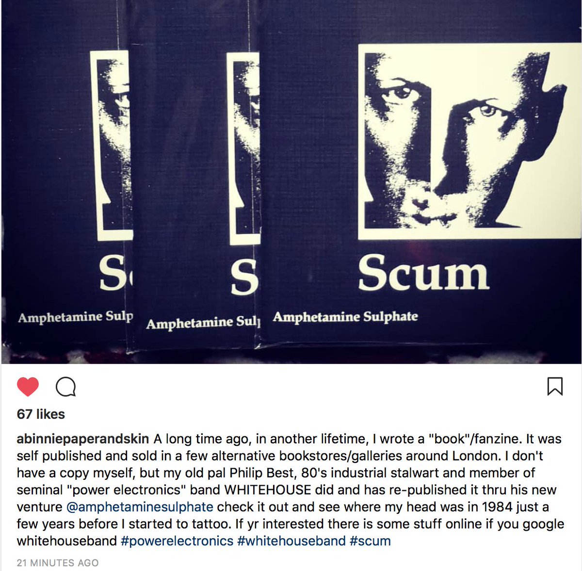 AmpSulphate's tweet photo. SCUM / BRIGHTON #alexbinnie #tattooartist #scum #scuminternational #topy #zoskia #pure #powerelectronics #whitehouseband #amphetaminesulphate #speednotcocaine #englandshiddenreverse #1984 #NOWSHIPPING https://t.co/QucUCbbBE9
