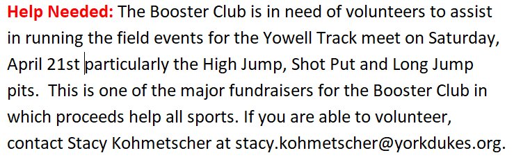 YorkDukeTandF's tweet photo. Help Needed: The YHS Athletic Booster Club, who runs the Yowell Track meets is in need of volunteers.  #yorkdukes https://t.co/0nnCx0sdAV