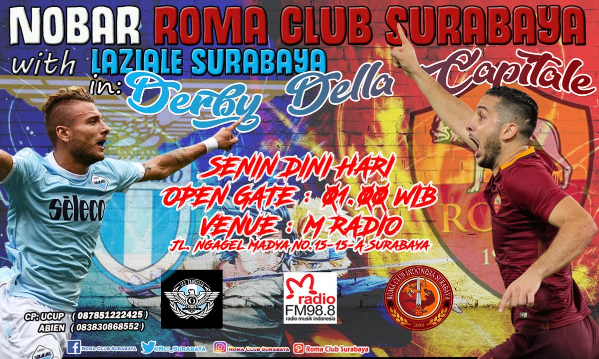 Nobar DDC
RCI Surabaya Gionarta 32

Lazio vs As Roma

16 ApriL 2018
KO: 01:45
@Mradiosby 

Nobaro yo rwekkk..

Cc: <a href="/M_muhid15/">Muhid</a> <a href="/RomaIndonesia/">Roma Club Indonesia</a>