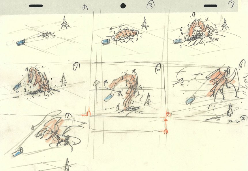 劇場版の原画集には修正画の枚数を減らしてCGスタッフさんへのカメラワークの説明的なこちらのラフ「床を砕きながら首をもたげて全身を表すのに付けてカメラ引いてゆく!」を掲載しました。 画を載せるだけよりもちょっとくらいは"メイキング"的な構成も良いのでは?と思ったので☆ 