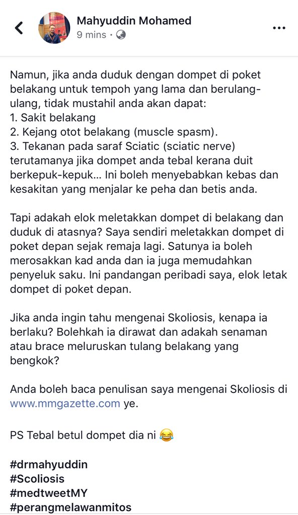 DrMahyuddin's tweet photo. Post saya di Facebook berkenaan “Dompet di Poket Belakang menyebabkan Scoliosis”

Moga bermanfaat. #MedTweetMY 
@MedTweetMYHQ https://t.co/2R9R3Vv48f