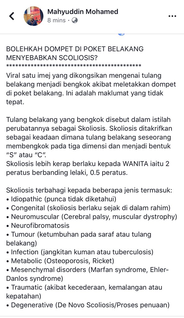 DrMahyuddin's tweet photo. Post saya di Facebook berkenaan “Dompet di Poket Belakang menyebabkan Scoliosis”

Moga bermanfaat. #MedTweetMY 
@MedTweetMYHQ https://t.co/2R9R3Vv48f