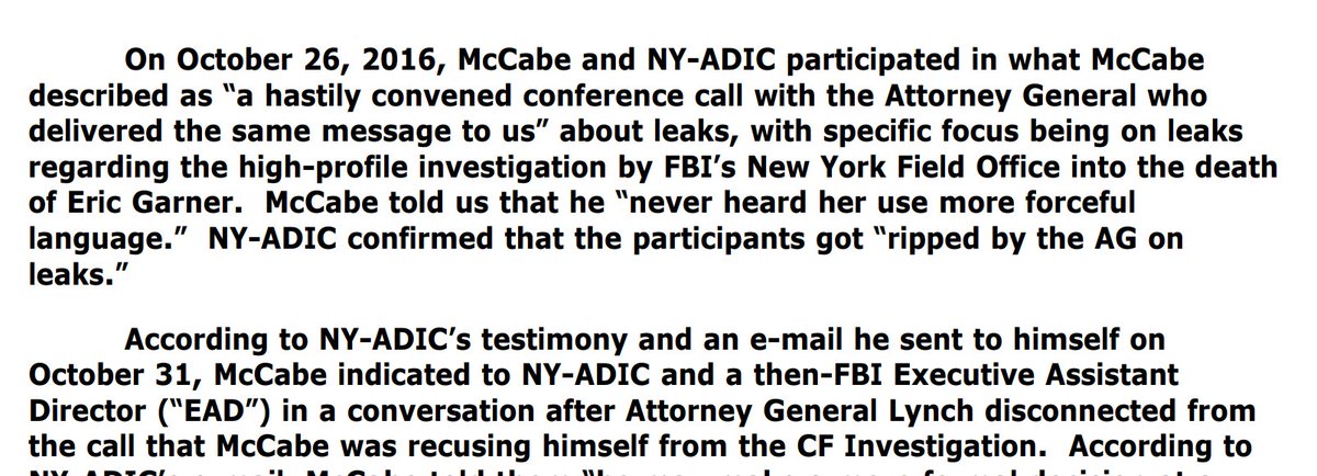 6. Now, in the OIG report on McCabe's leaks to the WSJ, it states that on 10/26/16 McCabe and NY_ADIC of the FBI participate in a "hastily convened conference call- with LL who delivers the same message about leaks with a focus on leaks in the Eric Garner case" Huh? Why?