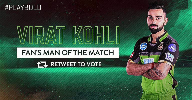 Royal Challengers Bengaluru (@rcbtweets) on Twitter photo Retweet to cast your vote for <a href="/imVkohli/">Virat Kohli</a> as your #RCB player of the match. #PlayBold #RCBvRR #GameForGreen Retweet to cast your vote for <a href="/imVkohli/">Virat Kohli</a> as your #RCB player of the match. #PlayBold #RCBvRR #GameForGreen