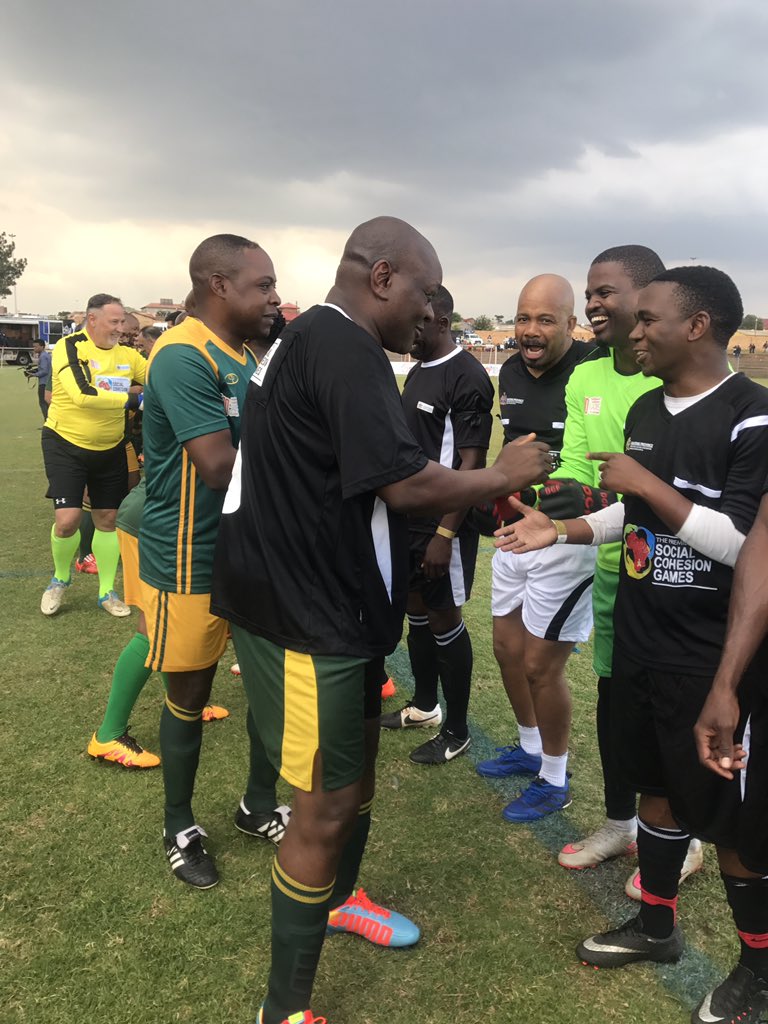 GautengProvince's tweet photo. #PSCG18 Social Cohesion Exhibition Game with the Premier, football legends, and Personalities about to get underway. Teams greeting before the game @GautengSACR @PREMIERSCG https://t.co/CVQyz7d2u3