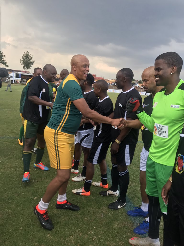 GautengProvince's tweet photo. #PSCG18 Social Cohesion Exhibition Game with the Premier, football legends, and Personalities about to get underway. Teams greeting before the game @GautengSACR @PREMIERSCG https://t.co/CVQyz7d2u3