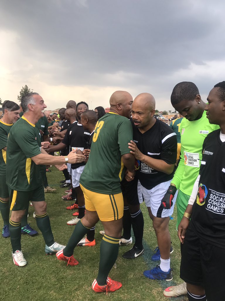 GautengProvince's tweet photo. #PSCG18 Social Cohesion Exhibition Game with the Premier, football legends, and Personalities about to get underway. Teams greeting before the game @GautengSACR @PREMIERSCG https://t.co/CVQyz7d2u3