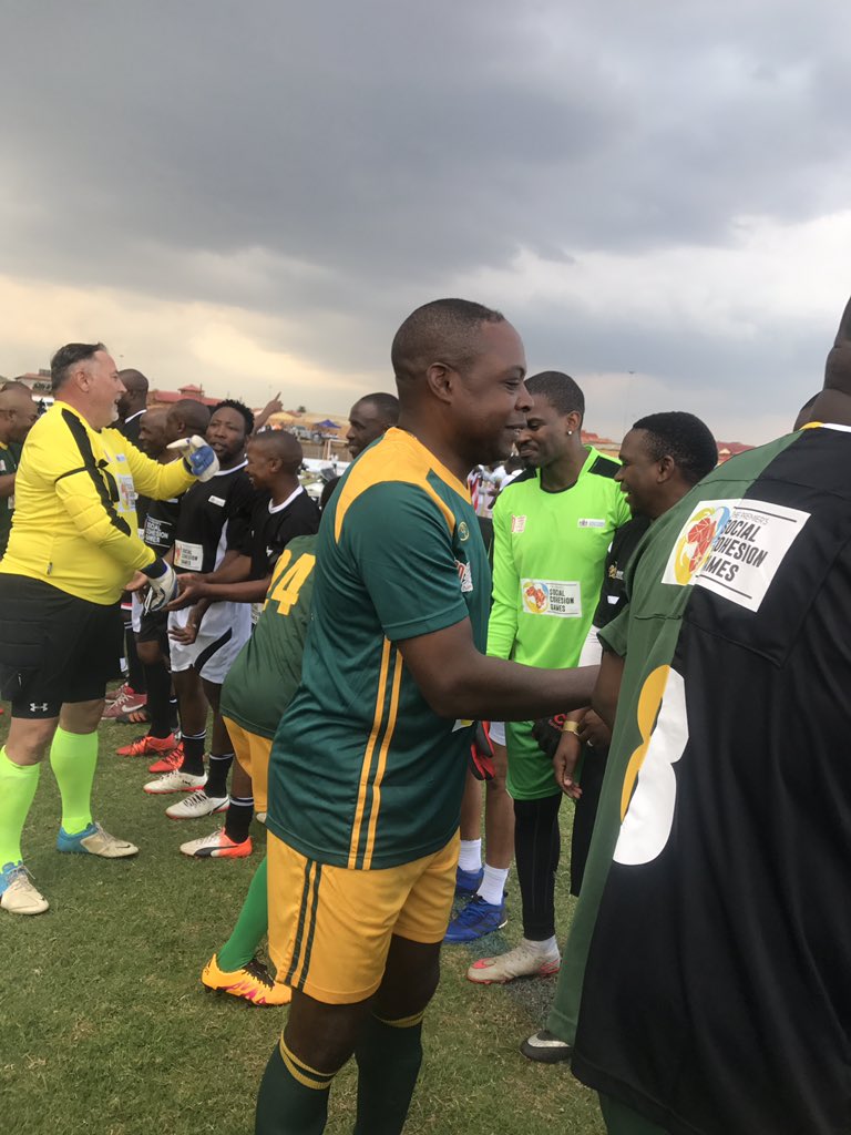 GautengProvince's tweet photo. #PSCG18 Social Cohesion Exhibition Game with the Premier, football legends, and Personalities about to get underway. Teams greeting before the game @GautengSACR @PREMIERSCG https://t.co/CVQyz7d2u3