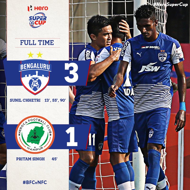 IndianFootFr's tweet photo. Sunil Chhetri, auteur d'un triplé, a permis à Bengaluru de disposer de Neroca pour se qualifier pour les demi-finales de l'#HeroSuperCup https://t.co/8a1fUWSvbQ