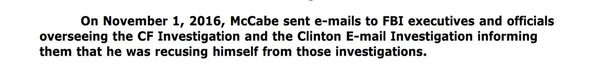 10. On 11/1/16, McCabe recuses himself from any investigations having to do with Clinton.