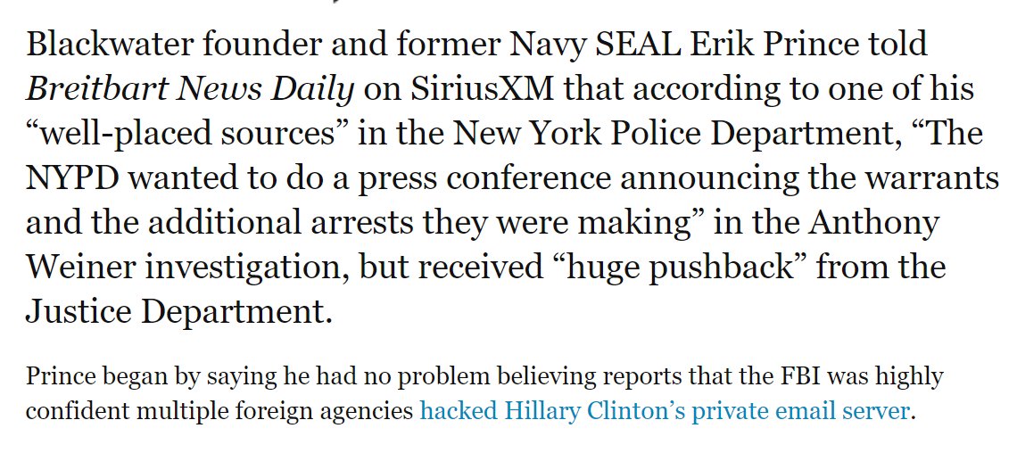 11. Here is where it gets VERY interesting. Erik Prince- a name you should know - appears in an interview on Breitbart news, where he drops some MAJOR bombshells about what was found on Weiners laptop. He states IN THE INTERVIEW that the JD was using Garner as leverage!!