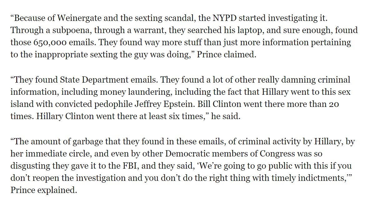 11. Here is where it gets VERY interesting. Erik Prince- a name you should know - appears in an interview on Breitbart news, where he drops some MAJOR bombshells about what was found on Weiners laptop. He states IN THE INTERVIEW that the JD was using Garner as leverage!!