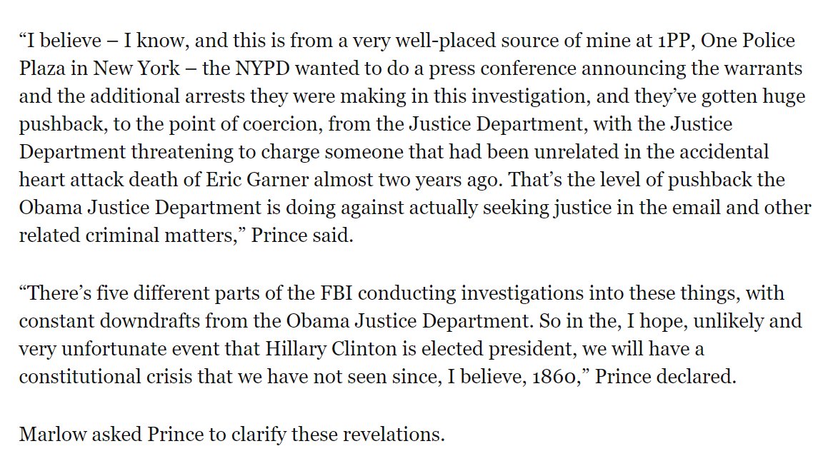 11. Here is where it gets VERY interesting. Erik Prince- a name you should know - appears in an interview on Breitbart news, where he drops some MAJOR bombshells about what was found on Weiners laptop. He states IN THE INTERVIEW that the JD was using Garner as leverage!!