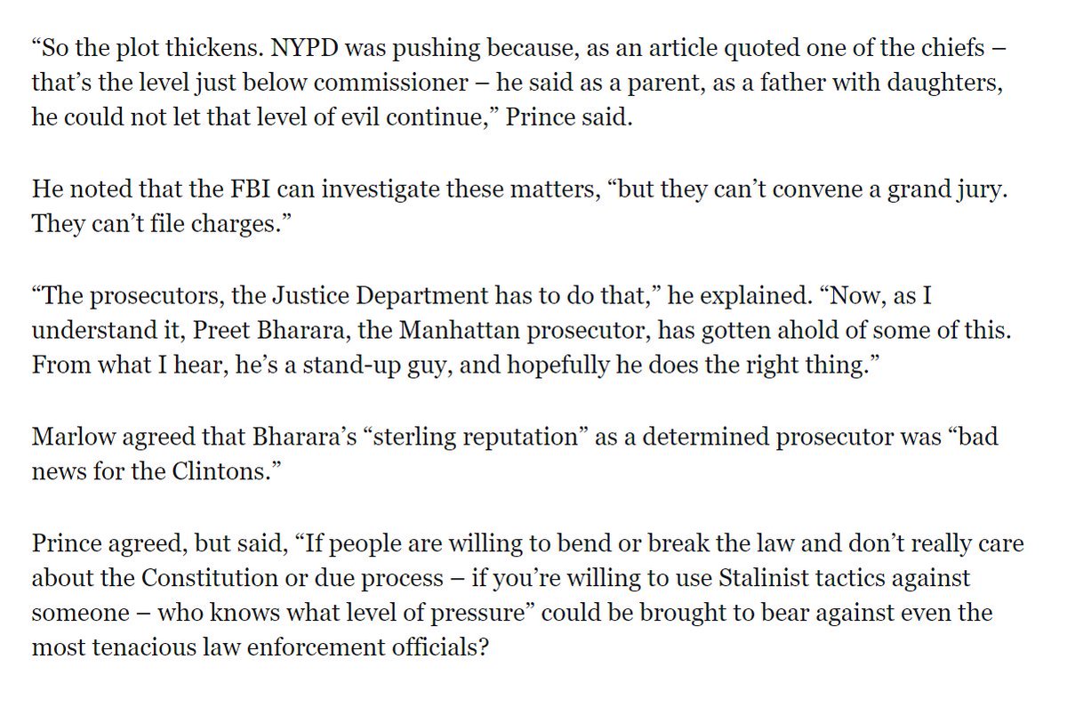 12. Here is the link:  http://www.breitbart.com/radio/2016/11/04/erik-prince-nypd-ready-make-arrests-weiner-case/ THIS IS MAJOR. Why? Because now we have both the OIG report confirming they spoke with FBI in NY about the Garner case, AND we have Prince confirming they were threatened with the case.