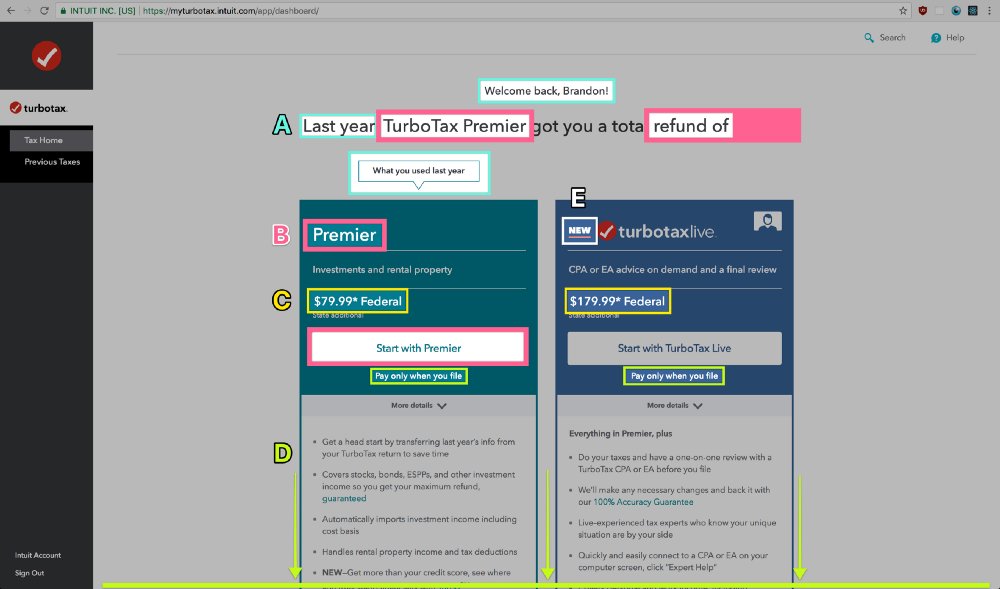 random_walker's tweet photo. Proposal: an AdBlockPlus-like browser extension backed by a crowd-sourced repository of Dark Patterns—as you browse, it would highlight UI elements that are attempting to manipulate or trick you.

Image illustrates Dark Patterns in TurboTax, via https://t.co/7RZYpBfCRJ https://t.co/FpoDNXZut8