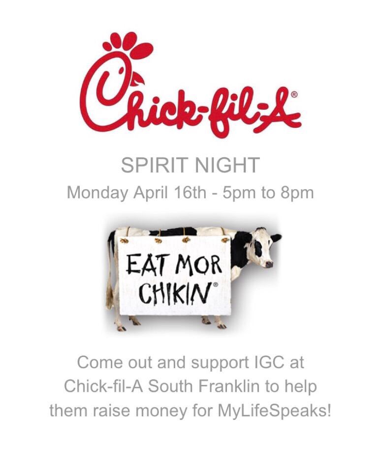 IndyCotillion's tweet photo. We are hosting a Spirit Night @ChickfilA in South Franklin. Make sure you stop by &amp; mention you are with IGC. All proceeds go to MyLIFESpeaks! ❤️🐓 https://t.co/3ow1BXewos