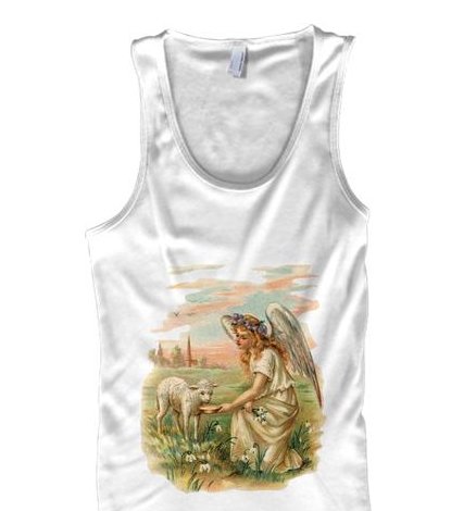 Unisex Cotton Tank Angel Feeding a Lamb - makes a perfect under garment for a morning walk or hike - Get yours by visiting mythicartclothing.com #womensclothing #religiousart #angelart #angels #lamb #heavenlyart #natureinspired #comfortableactivewear #workoutgear #womenswear