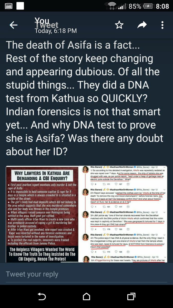 @KNnavneet @CW_dynastycrook Whether one belives this 'created' rape story or otherwise,..in both the cases it is a matter of shame, not LOL like a shameless idiot..! Anyhow, forensic investigations are telling something else..and some more facts/ points are posted here..