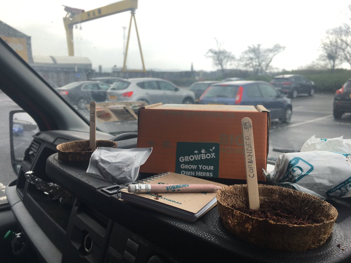 JuicieJim's tweet photo. Al-dashboard growing herbs @TitanicBelfast carpark with @GIYIreland @GIYGrowBox #Titanic #Belfast #GrowYourOwnHerbs #Coriander #GIYGrowBox https://t.co/SrrlBy4QLM