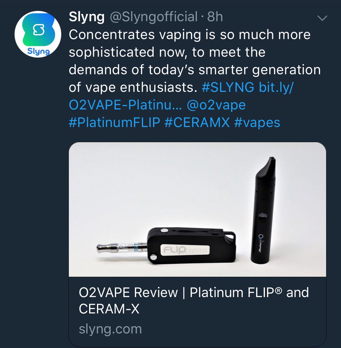 O2vape's tweet photo. Latest and greatest #vapereview by @slyng_
See what the pros at #Slyng had to say about the NEW and improved #O2vape #PlatinumFlip and #Ceramx #Vapepens
https://t.co/SJOxKm3ggn
https://t.co/mbFhSS1obE
#vape #vaping #vapereview #dreamsesh #secretsesh #dabs #extracts https://t.co/QV1EJDicgq