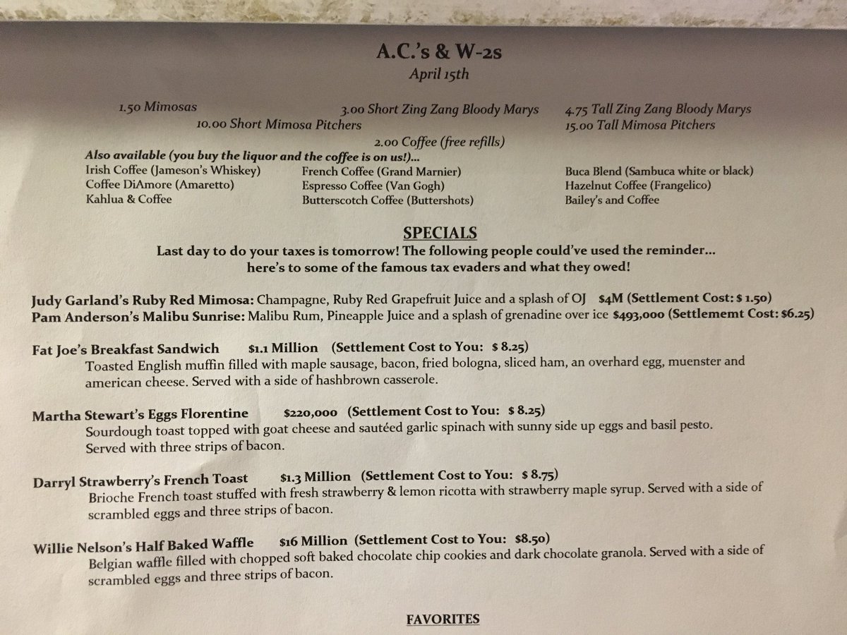 ACsBarAndGrill's tweet photo. Do yo taxes!!! These guys didn’t. And come drink mimosas with us.... #chseats #chs https://t.co/zwyIvhbRPY