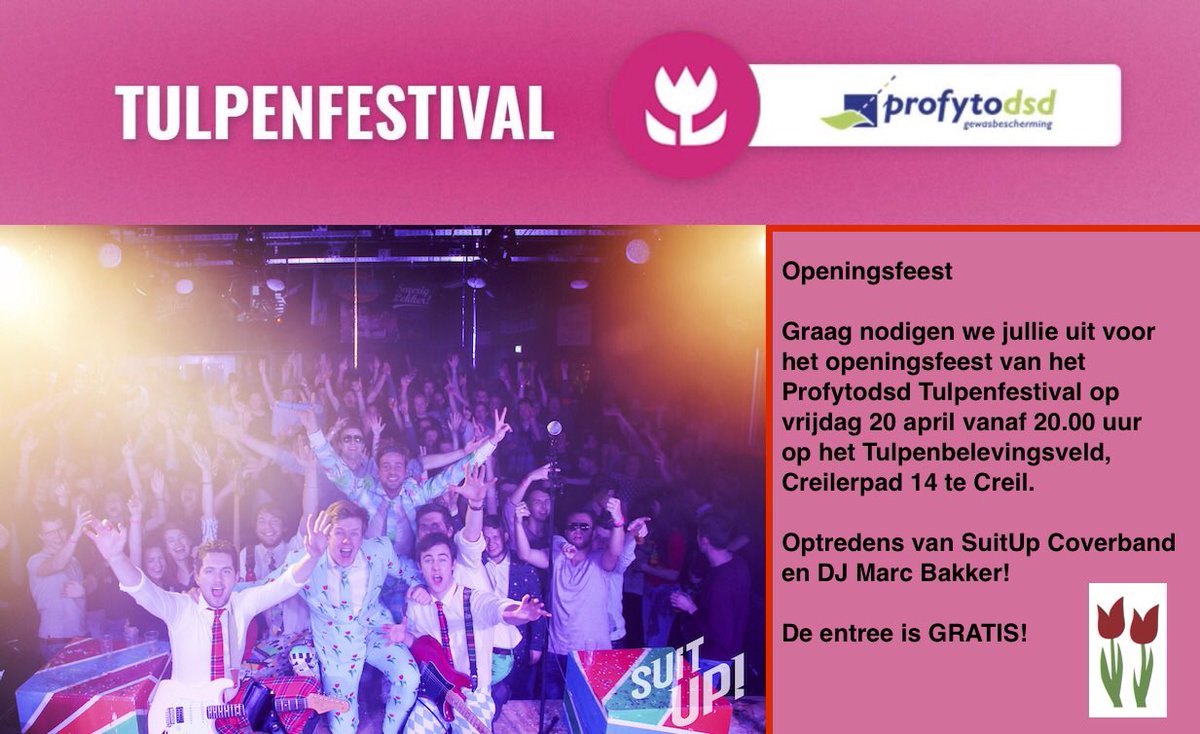 TulpenFestivNOP's tweet photo. Welkom! De entree is gratis! Vrijdag 20 april vanaf 20.00 uur openingsfeest #Tulpenfestival #stepnop #Creil #Noordoostpolder https://t.co/VrMyUSo7pG