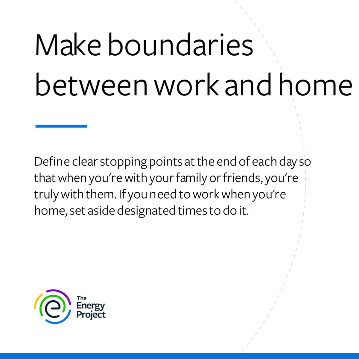 energy_project's tweet photo. Make boundaries between work and home #energytip #theenergyproject #energyproject #performance #Productivity #sustainableperformance https://t.co/D5Z7ojPB6q