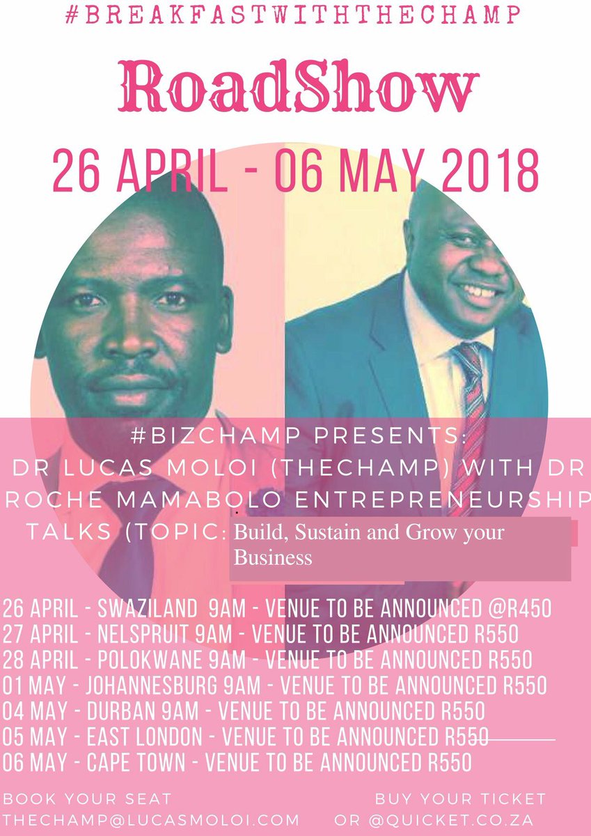 Lucasmoloi's tweet photo. When the heavyweights collaborate instead of compete, be the one benefiting when #TheChamp and @rochemamabolo deliver the #BreakfastWithTheChamp book your ticket before they finish for the area near you.Send and email to thechamp@lucasmoloi.com or buy @QuicketSA #Entrepreneurship https://t.co/wDjDlzK2JK