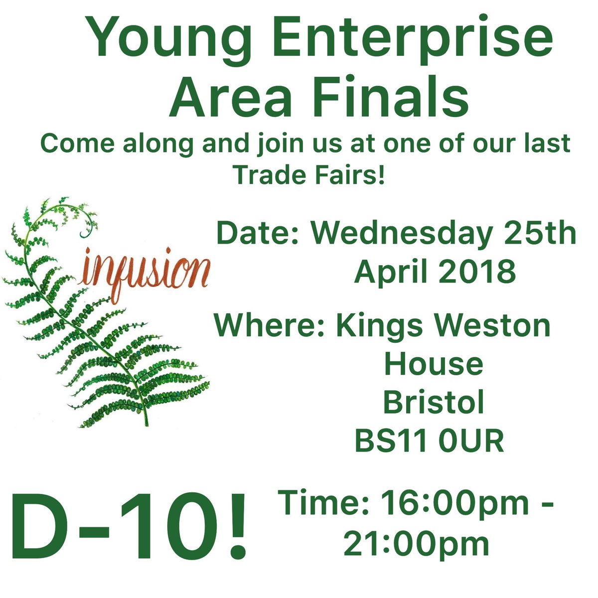 Infusion_comp's tweet photo. It is officially 10 days till the Area Finals!! We are ecstatic to be apart of the finals! We hope everyone decides to come and support us! View the information in the image attached! #AreaFinals #youngenterprise #bathbombs #infusion #mentalhealth #10days 🌿@YEWestofEngland https://t.co/PRflB5Z5IZ