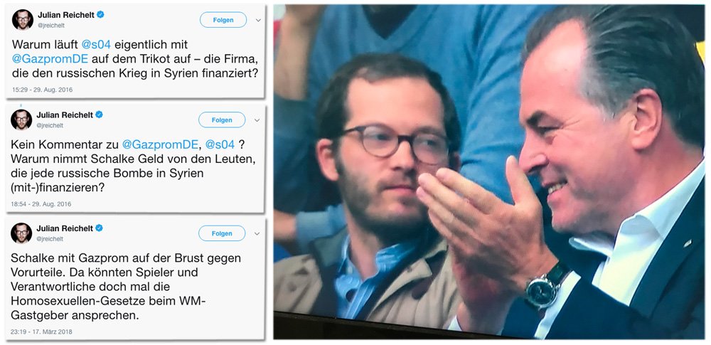 BILDblog's tweet photo. Links: @BILD-Chef @jreichelt, der es nicht fassen kann, dass @s04 Geld von Gazprom ("die jede russische Bombe in Syrien (mit-)finanzieren)") nimmt. Rechts: "Bild"-Chef Reichelt freudig mit Schalke-Aufsichtsratschef Tönnies beim Schalker 1:0. #S04BVB
(Screenshot von @SveMaHe) https://t.co/u0jJNVwuLq