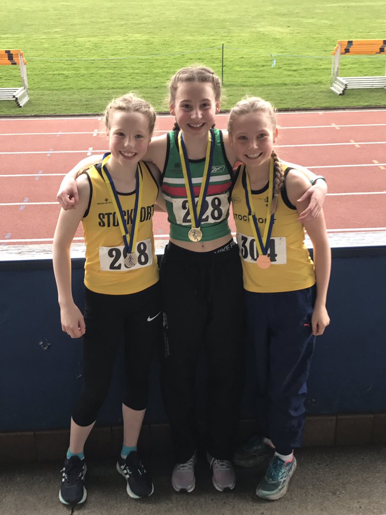 DocBready's tweet photo. Great running today from the girls racing the 1200m at Longford Park medal meet.  It maybe that they run for different clubs now,  but still great friends.  Athletics wins! @MarpleHallPE @RunStockport @SaleHarriers https://t.co/d1JMfKFal3
