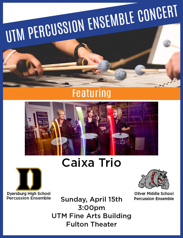 Today at 3pm, the UTM Percussion Ensemble will perform a concert featuring Caixa Trio, the Oliver Middle School Percussion Ensemble, and the winner of the 2018 UTM Percussion YouTube Competition, Dyersburg High School Percussion Ensemble. We hope to see you there!
