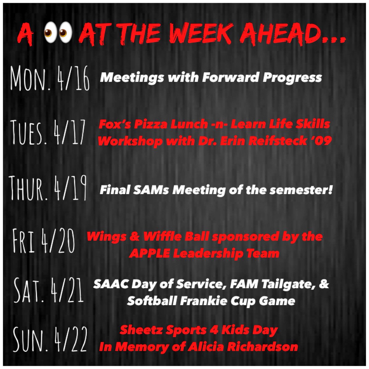 SFU_SADAS_FLI's tweet photo. Here is a quick snapshot at the week ahead for Student-Athlete Development, @SFU_SAMs_SAAC, & the APPLE Leadership Team! #BusyWeek #FunWeek #CrunchTime #SemesterIsAlmostOver https://t.co/IzNVY7XVlt