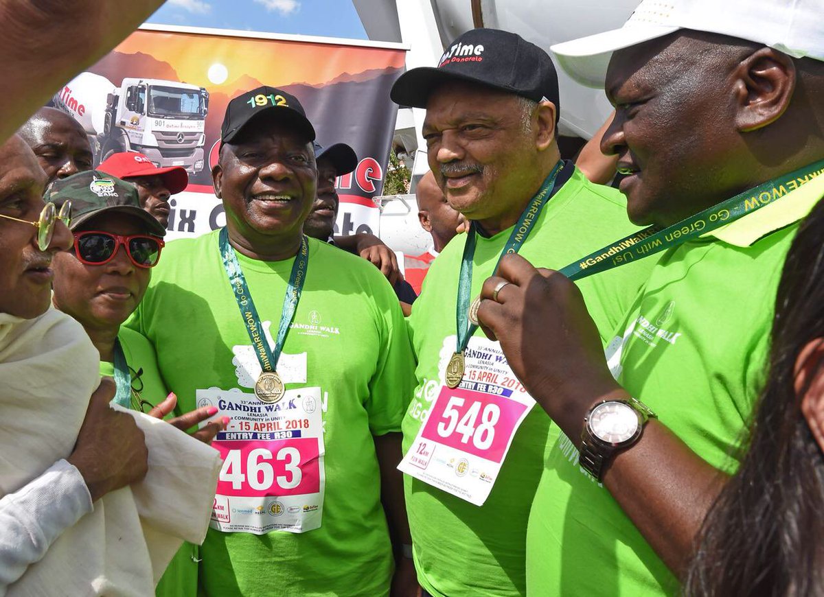 EDAyandaDlodlo's tweet photo. A beautiful and thoroughly enjoyable day, walking with President @CyrilRamaphosa, @David_Makhura and civil rights activist @RevJJackson to raise community awareness and change behaviors towards climate change and greener living. 

#Gandhiwalk2018 https://t.co/WwOIwHM1mX