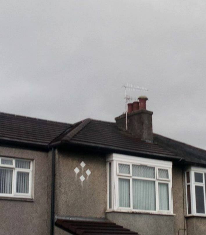 Replaced a waterlogged aerial installed on the top of this pole on their chimney resecured the pole to the chimney because the coach bolts had been pulled out from the brickwork probably during a bad storm. So the aerials on the pole are no longer waving around in the wind.