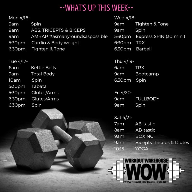 WrkoutWarehouse's tweet photo. Upcomming happenings at the Workout Warehouse. Sign up today to schedule your classes ar https://t.co/mn4KqjkKje https://t.co/5RJYRSxesM