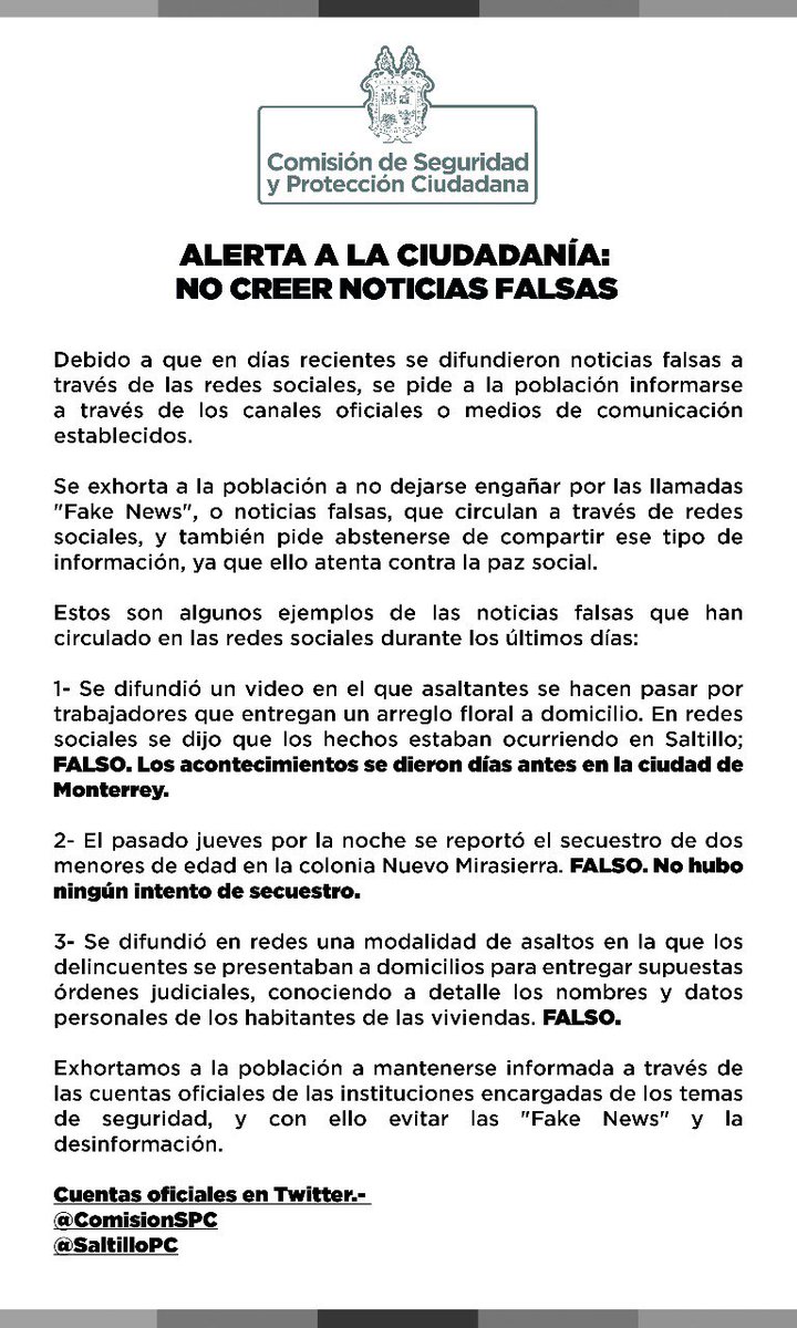 cspcsaltillo's tweet photo. ALERTA A LA CIUDADANÍA: NO CREER NOTICIAS FALSAS https://t.co/C4JCp2mH4v
